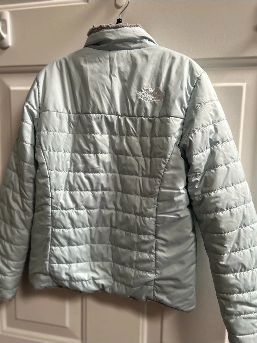 The North Face Girls' Light Blue Mossbud Swirl Reversible Insulated Jacket Sz 6